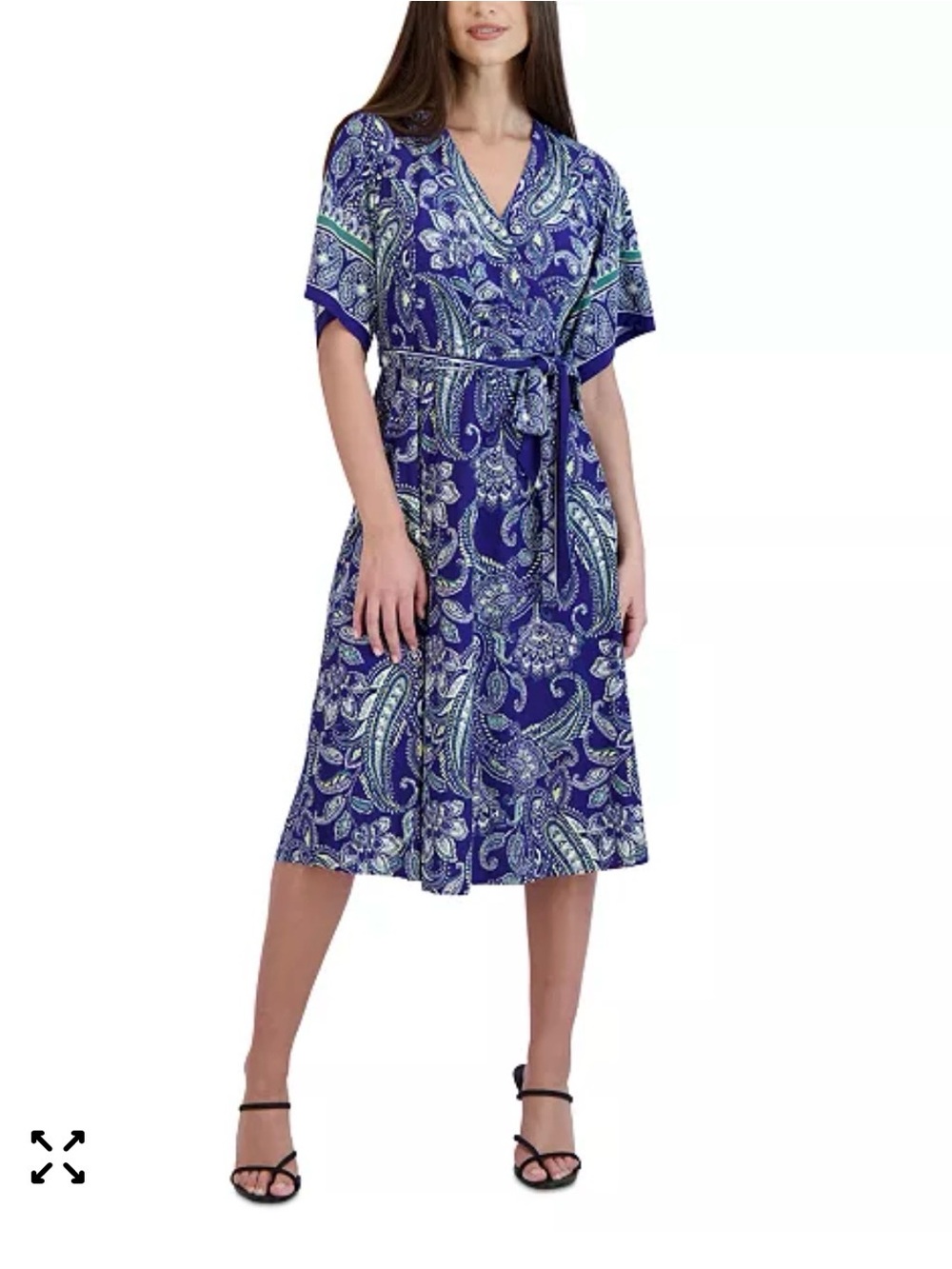 Faux Wrap Midi Dress in Blue Paisley Print
